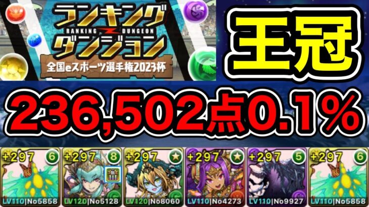 【パズドラ】王冠5%以内！ランキングダンジョン！全国eスポーツ選手権2023杯！パズルを速く組めれば点数アップ！余裕で王冠圏内！236,502！0.1%！【ランダン】【概要欄に立ち回りを記載】