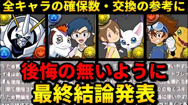 【🚨最後に必ず確認】全キャラの確保数目安‼️デジモンの最終ランキング‼️（オメガモン、太一アグモン、グレイモン、コラボ、交換、テンプレ、タケルパタモン）【パズドラ】